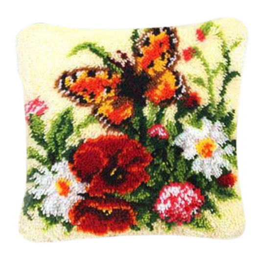 Orange Butterfly With Flowers Latch Hook Rug Crocheting Knitting Kit