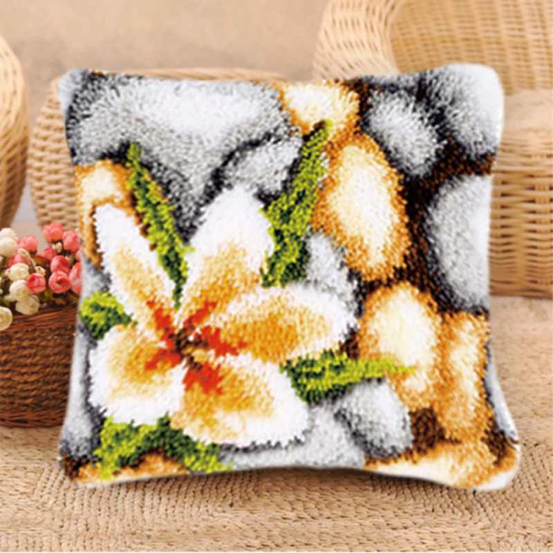 Beautiful White Flower Latch Hook Pillow Crocheting Knitting Kit