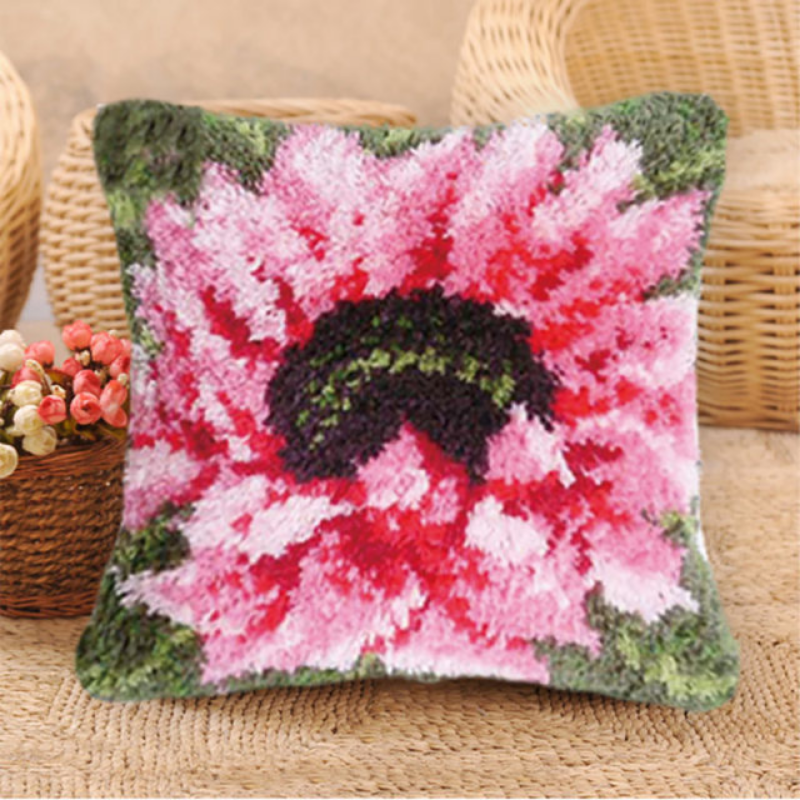 Beautiful Pink Flower Latch Hook Pillow Crocheting Knitting Kit