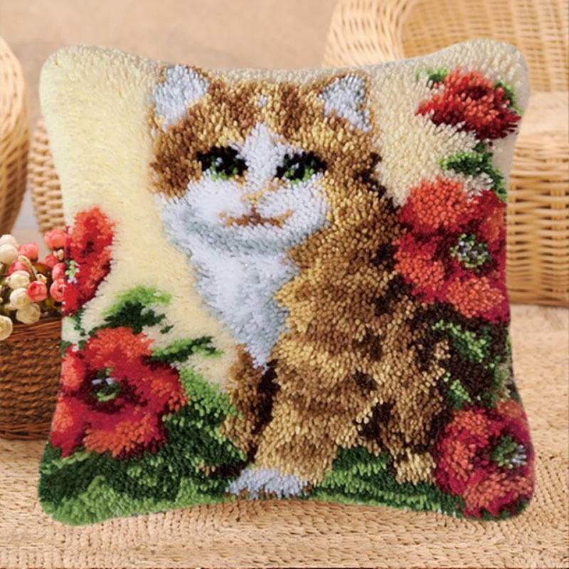 Cute Cat With Flowers Latch Hook Pillow Crocheting Knitting Kit