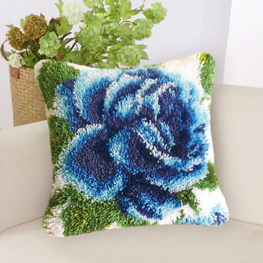 Blue Rose Latch Hook Pillow Crocheting Knitting Kit