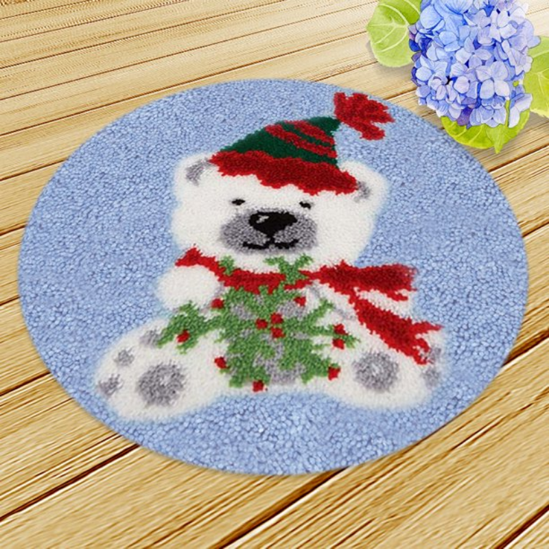 White Bear In Xmas Hat Rug Crocheting Knitting Kit