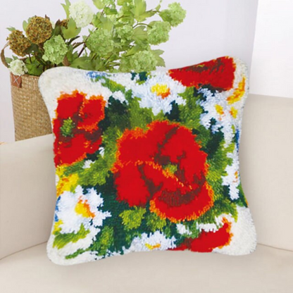 Bright Red Poppy Latch Hook Pillow Crocheting Knitting Kit