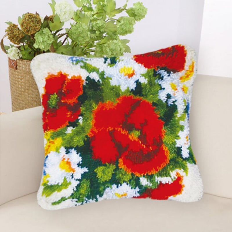 Bright Red Poppy Latch Hook Pillow Crocheting Knitting Kit
