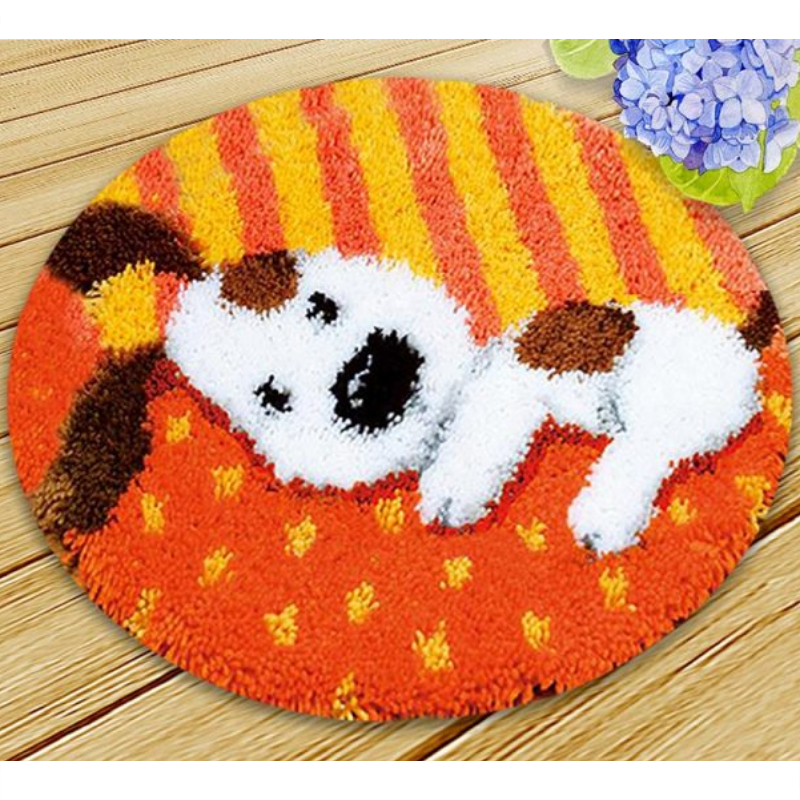 Sleeping Dog With Orange Background Latch Hook Rug Crocheting Knitting Kit