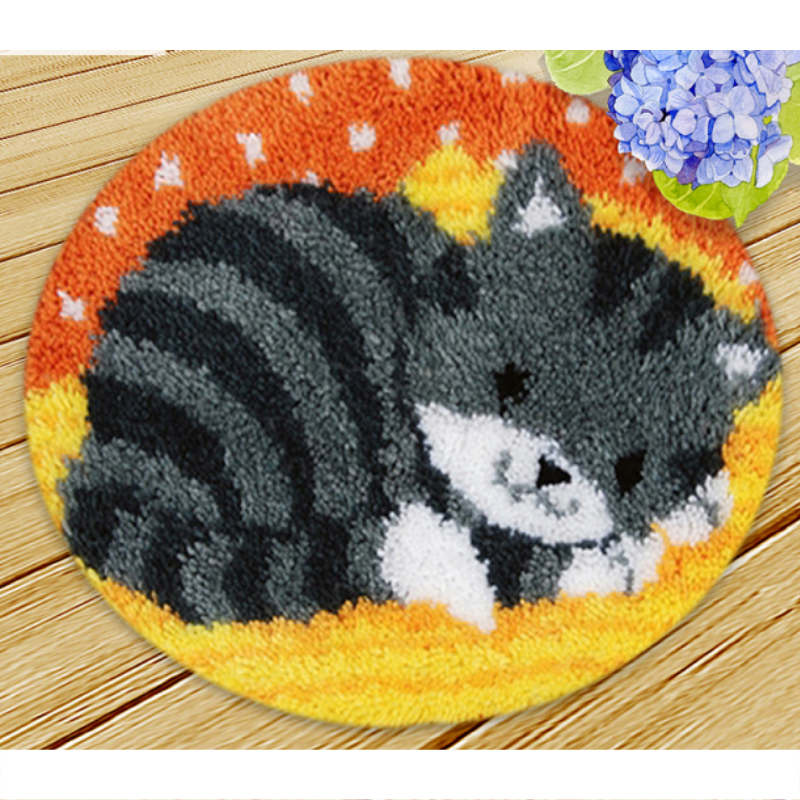 Cute Black Cat Sleeping Latch Hook Rug Crocheting Knitting Kit