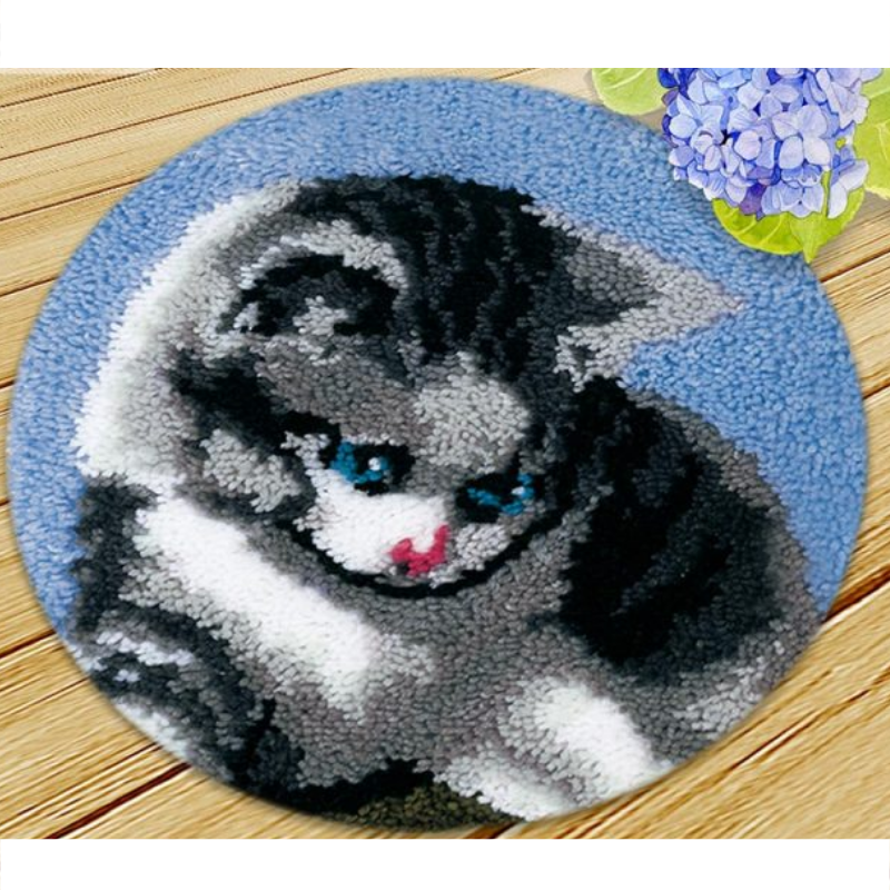 Blue Eyed Black Cat Latch Hook Rug Crocheting Knitting Kit