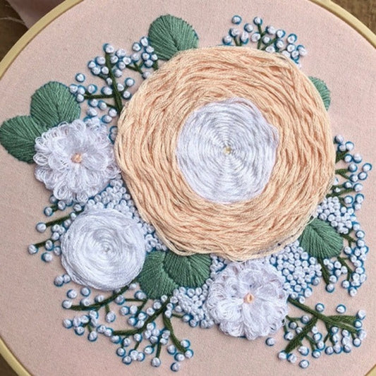 White Flower & Green Leaf Embroidery DIY Knitting Kit