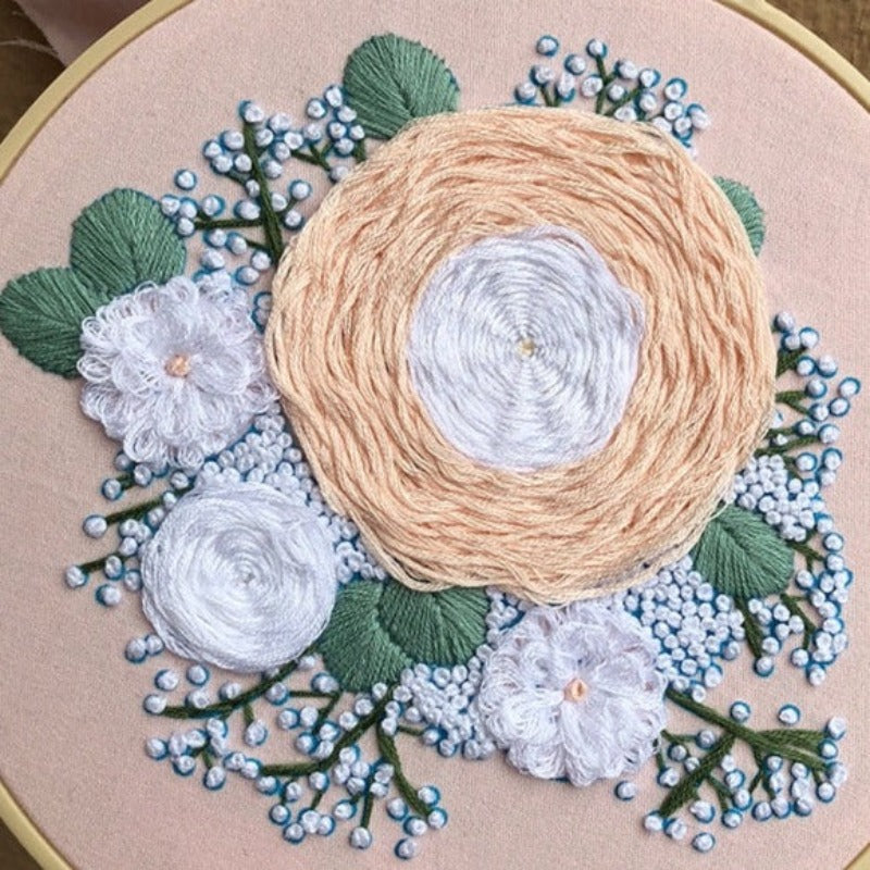 White Flower & Green Leaf Embroidery DIY Knitting Kit
