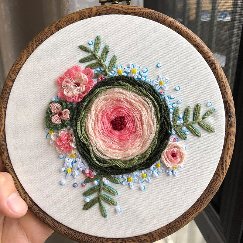 Pink & Green Flower Embroidery DIY Knitting Kit