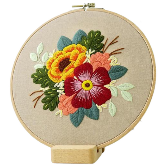 Dark Red & Yellow Flowers Embroidery DIY Knitting Kit