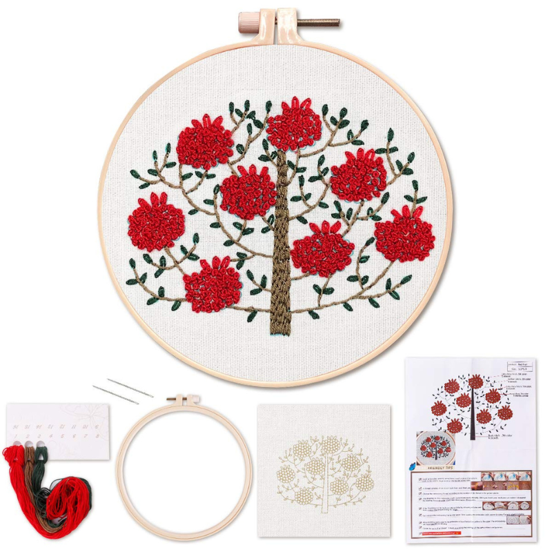Red Flowers Tree Embroidery DIY Knitting Kit