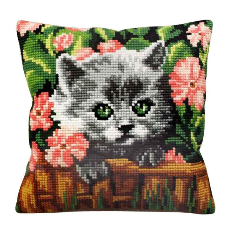 Grey Cat Latch Hook Pillow Crocheting Kit