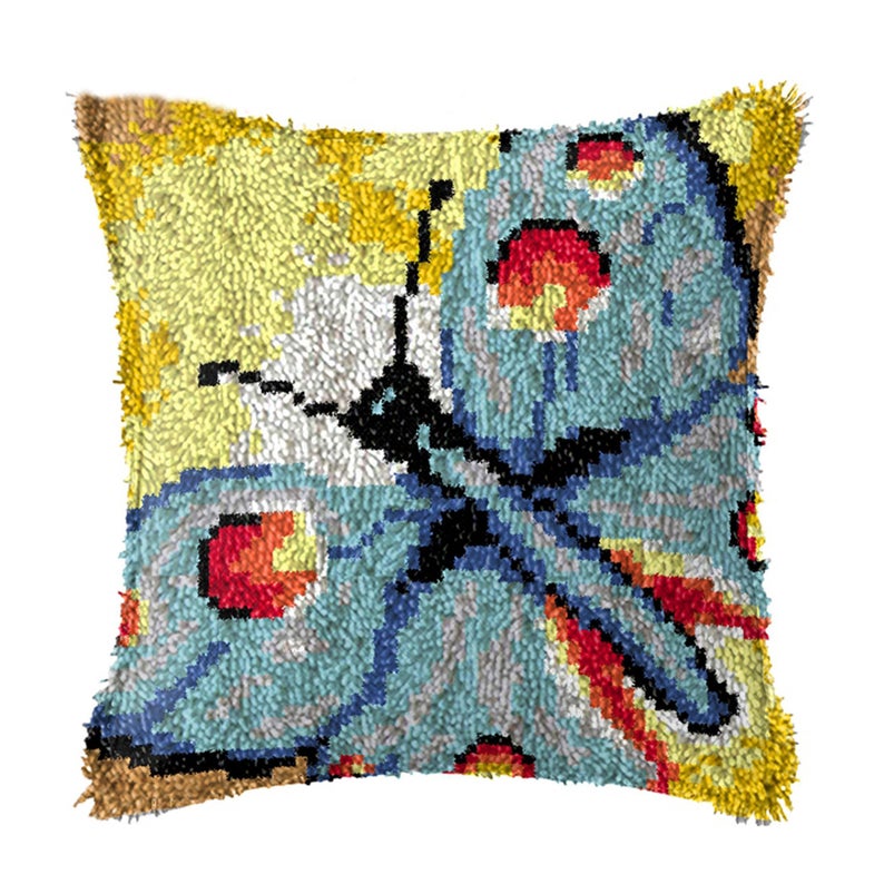 Light Blue Butterfly Latch Hook Pillow Crocheting Kit