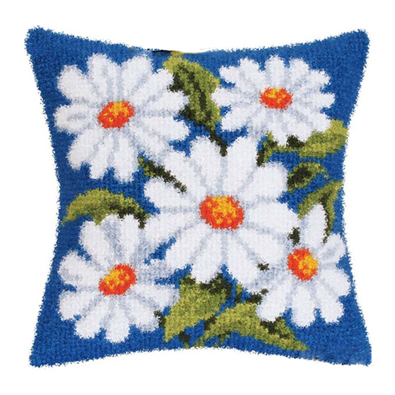 White Flowers Latch Hook Pillow Crocheting Kit