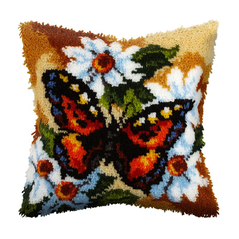 Red and Blue Butterfly Latch Hook Pillow Crocheting Kit