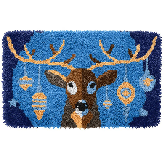 Blue Christmas Deer Latch Hook Rug Crocheting Knitting Kit