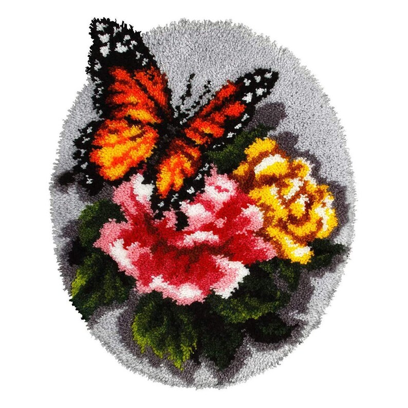 Butterfly with Flowers Latch Hook Rug Crocheting Knitting Kit